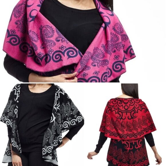 La Cera Blue Purple Swirl Patterned Reversible Shawl Poncho - Picture 2 of 16